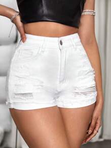 SHEIN PETITE Ladies' Solid Tone Ripped Denim Shorts With Slanted Pocket Design - White - View 4