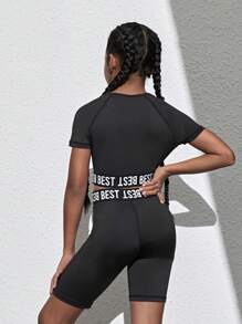 SHEIN Cô gái Tween Dệt kim In thư Áo thun Và Quần short Thể thao Hai Bộ - màu đen - Xem 2