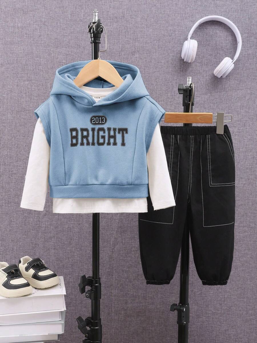 SHEIN Set da 3 pezzi per bambini maschi: felpa girocollo a maniche lunghe in colore unito, e pantaloni con fondo a costine in colore a contrasto, con fodera termica spessa