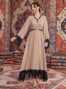 Al Najma Patchwork Sparkly Fringed Rhinestone Decor Dress