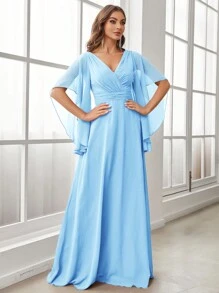 SHEIN Belle Adult Women's V-Neck Flounce Sleeve Pleated Bridesmaid Dress Elegant Formal Evening Prom Wedding Guest Gown, For Graduation, Dinner