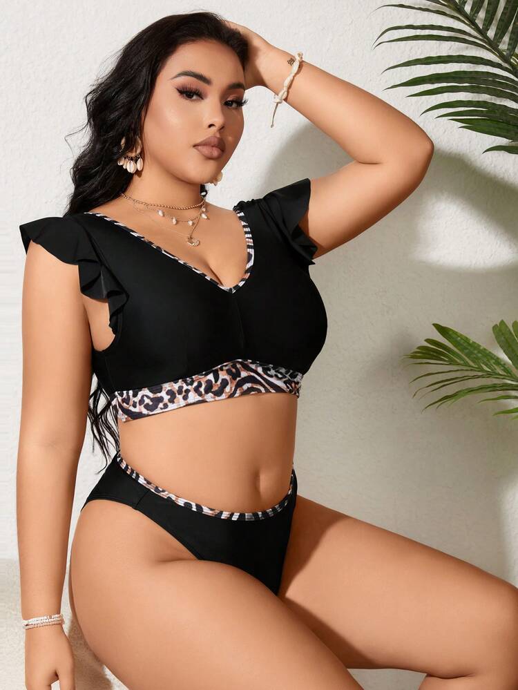 Summer Plus Size Leopard Print Splicing Swimwear Set