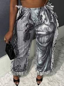 Slaydiva Talla grande Pantalones deportivos con estampado de figura ribete con fleco - Gris - Ver 7