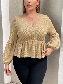SHEIN Essnce Plus Size Women's Fashionable Casual Versatile Spring And Summer Women's New Textured Waffle Fabric Button Decoration Babydoll Long-Sleeved T-Shirt - Camel - View 4