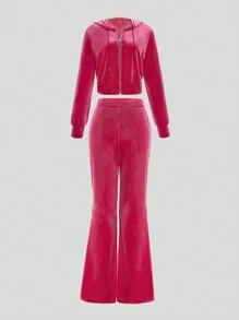 INAWLY 女士水晶裝飾字母拉鍊運動帽衫和褲套裝 - 粉色 - 查看 2