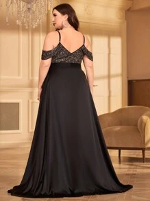 UNITHORSE Plus Size Sequined Satin Spaghetti Strap Formal Evening Dress - Black - View 2