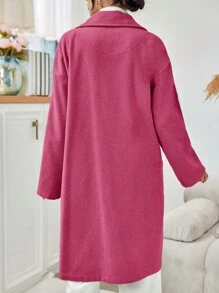 EURMUSE Women's Notched Collar Double Breasted Long Sleeve Woolen Coat - Hot Pink - View 2