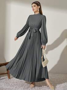 Modelyn Women's Stand Collar Long Sleeve Pleated Hem Modest Dress - Grey - View 6