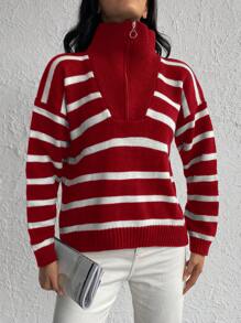 SHEIN Cottnline Zipper Front Drop Shoulder Sweater With Colorblock Stripes - Red - View 4
