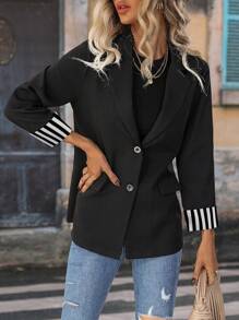 EMERY ROSE Ladies' Striped & Printed Splicing Single-Breasted Blazer Fall Cloth For Women - Black - View 3