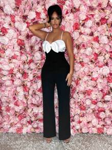 SHEIN SXY Women's Black And White Color Block Bowknot Strap Jumpsuit - White - View 1