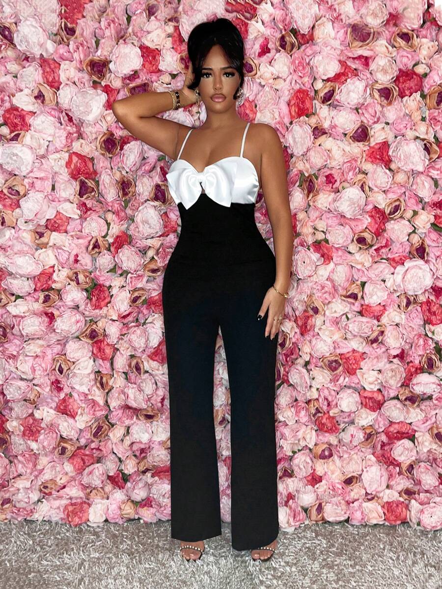 SHEIN SXY Women's Black And White Color Block Bowknot Strap Jumpsuit - White - View 1