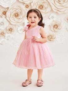 SHEIN DRMZ Baby Girl Baby Girl Elegant Mesh & Bowknot Patchwork Sleeveless Dress