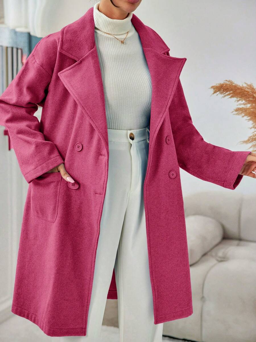 EURMUSE Women's Notched Collar Double Breasted Long Sleeve Woolen Coat - Hot Pink - View 1