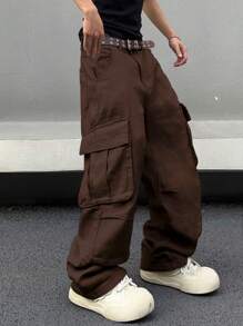 Manfinity EMRG 男士纯色无腰带工装牛仔裤 - 咖啡棕 - 查看 6