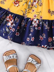 女婴假日花卉拼接荷叶袖连衣裙 - 彩色 - 查看 5