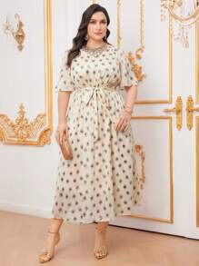 Modelyn Plus Size Leopard Print Belted Dress Long Evening Dresses - Khaki - View 6