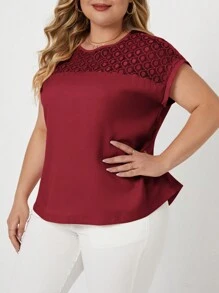 SHEIN Clasi Plus Size Lace Panel Crew Neck Blouse