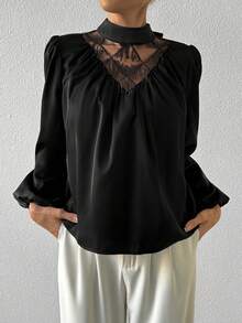 SHEIN Privé 女士网眼撞色闪光流苏立领褶饰灯笼袖衬衫 - 黑色 - 查看 5