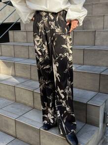 FRIFUL Black Floral Wide Leg Pants,Fall Clothes