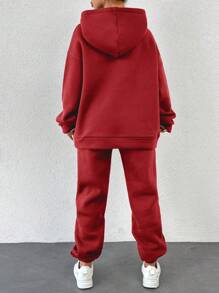 SHEIN Cottnline Ladies' Solid Color Hoodie And Pants Set - Red - View 2
