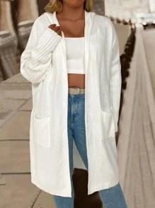 大码双口袋蝙蝠袖开衫，适合冬季 - 白色 - 查看 5