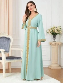 Women's Color Block Embroidered Patch V-Neck Long Sleeve Modest Dress Kaftan Arabian Dress - Mint Green - View 6