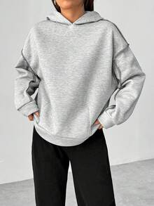 SHEIN Unity Của phụ nữ Đường may tương phản Thả vai Tay áo Hoodie - Màu Xám nhạt - Xem 5