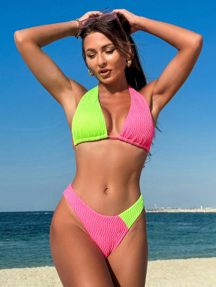 Women's Summer Beach Color Block Knot Back Halter Neon Bikini Set Bathing Suit