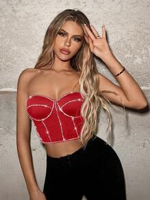 SHEIN ICON Top Corsé Rojo Sin Tirantes Decorado Con Cristales Brillantes - Rojo - Ver 1