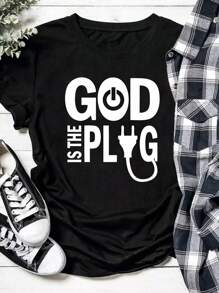 SHEIN EZwear Kích thước lớn In Slogan Áo thun - màu đen - Xem 1