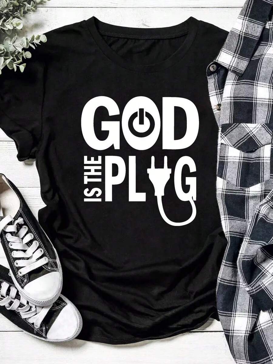 SHEIN EZwear Kích thước lớn In Slogan Áo thun - màu đen - Xem 1