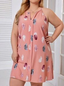 SHEIN LUNE 大碼羽毛印花v領細肩帶連身裙 - 彩色 - 查看 1