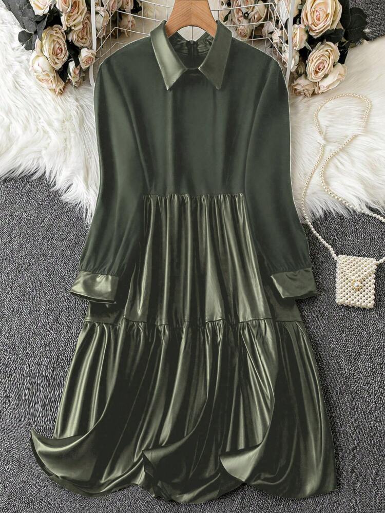Women'S Asymmetric Patchwork Turn-Down Collar Dress