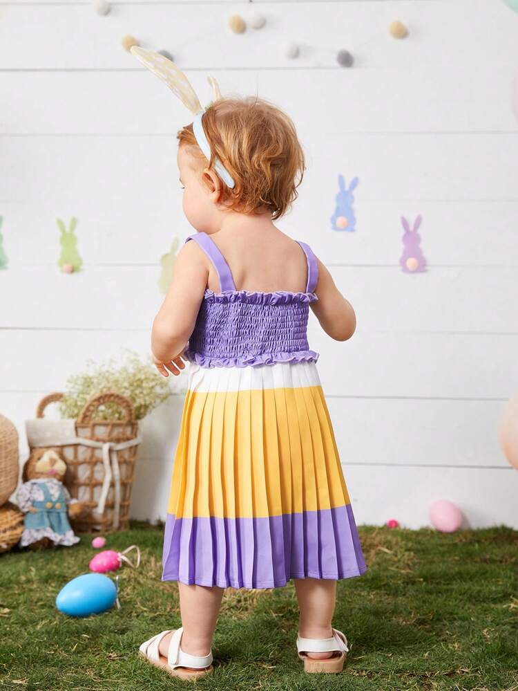 Baby Girl'S Summer Vacation Shirred Color Block Sundress With Ruffle Straps