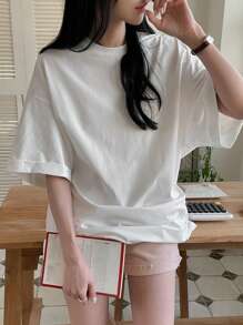 DAZY Áo thun nữ cổ tròn màu trơn siêu rộng cỡ lớn - trắng - Xem 4