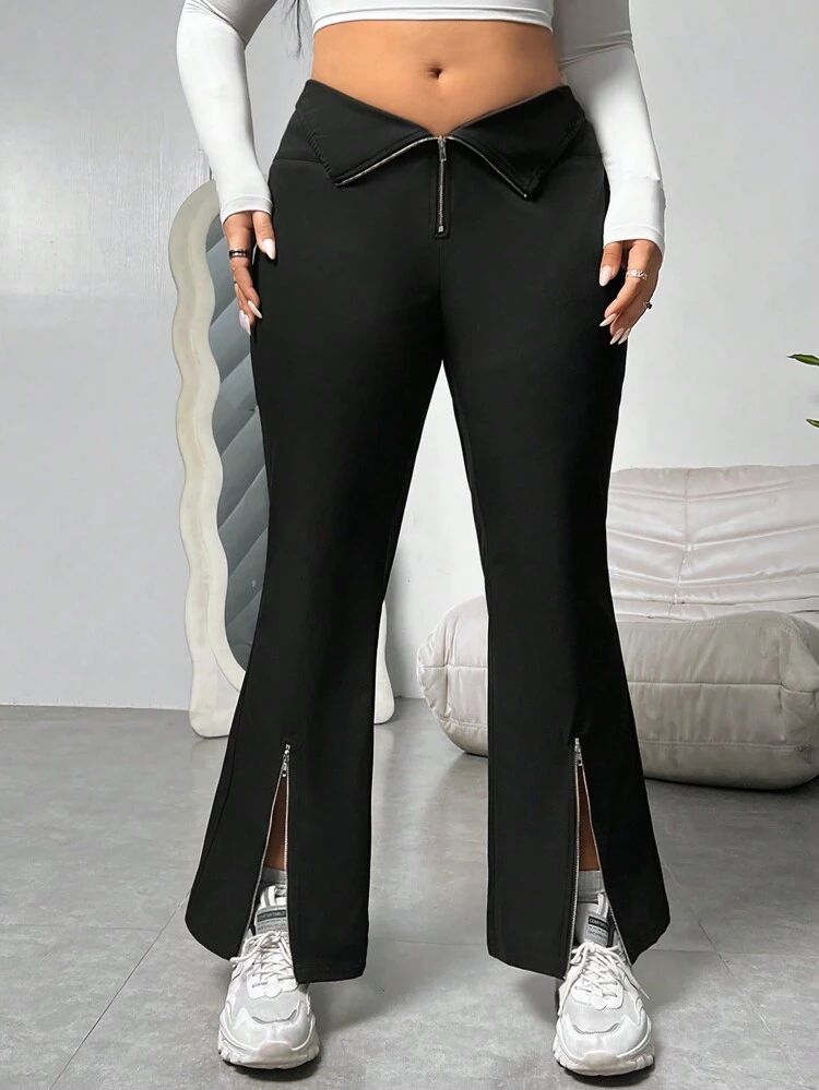 Plus Size Solid Color Zipper Bell-Bottoms