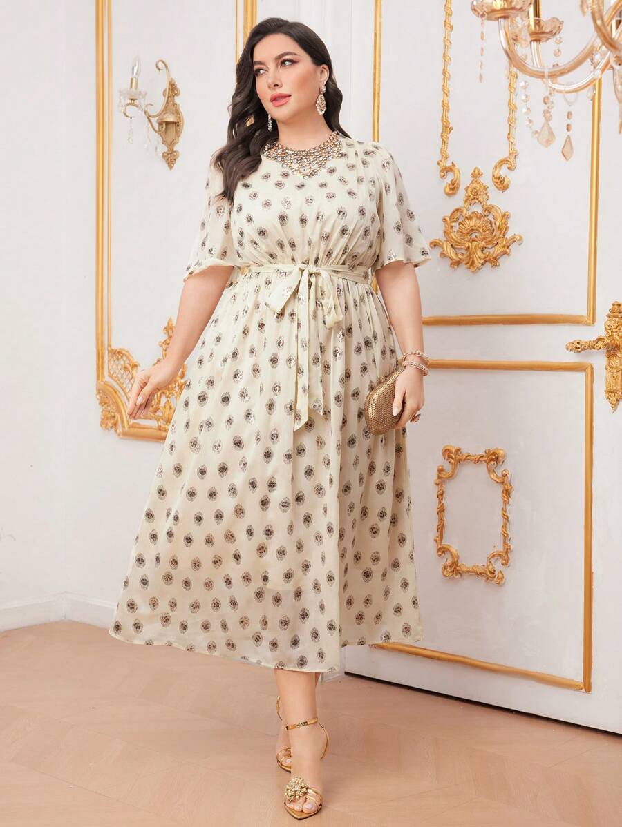 Modelyn Plus Size Leopard Print Belted Dress Long Evening Dresses - Khaki - View 1