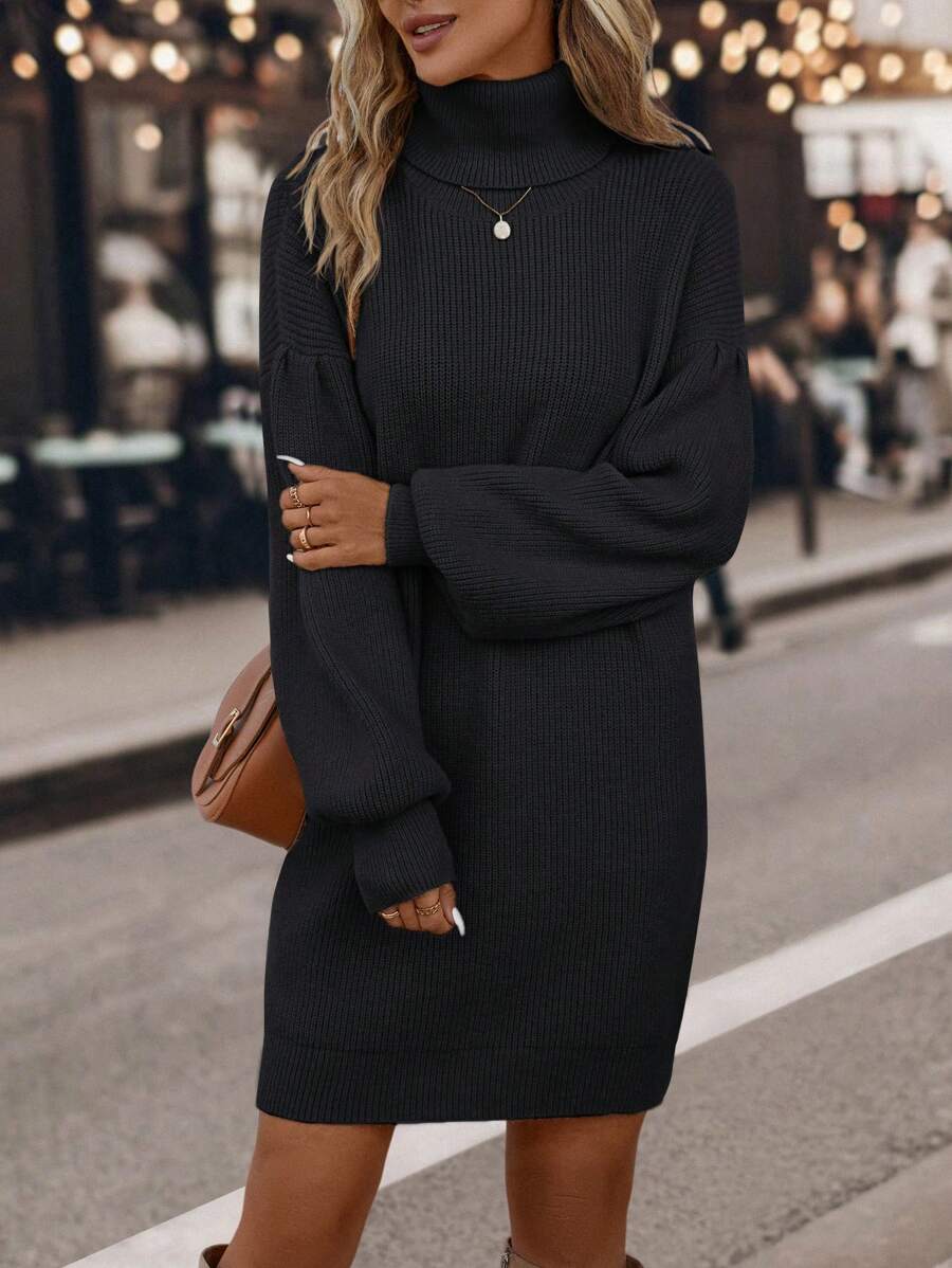 SHEIN Clasi Women's High Neck Lantern Sleeve Sweater Dress In Fall/Winter - Black - View 1