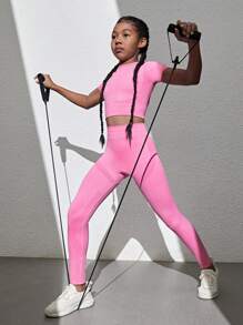 SHEIN Bộ quần áo thun dệt kim liền mạch cho bé gái tuổi mới lớn 2 món - Nhiều màu - Xem 1