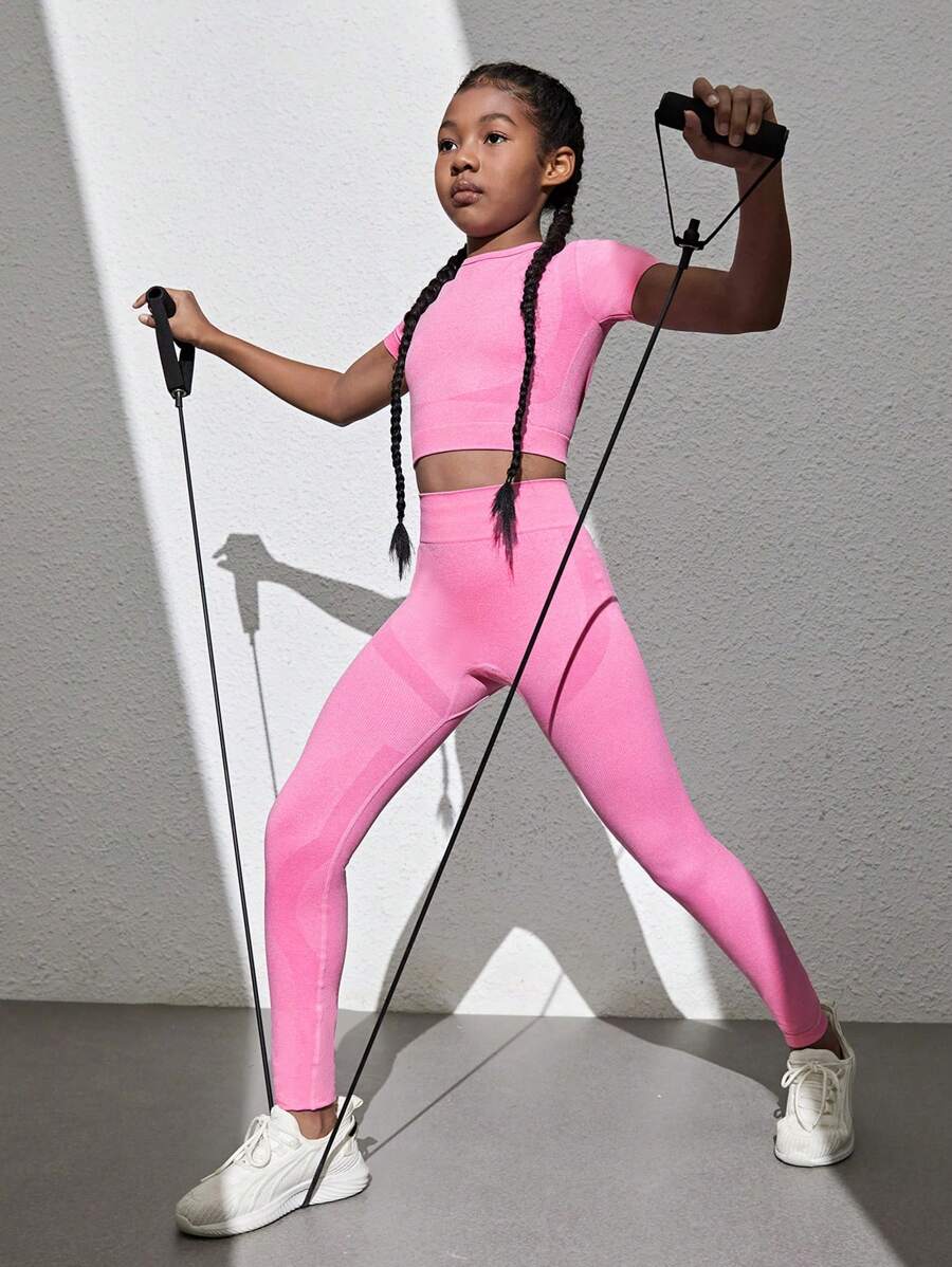 SHEIN Bộ quần áo thun dệt kim liền mạch cho bé gái tuổi mới lớn 2 món - Nhiều màu - Xem 1