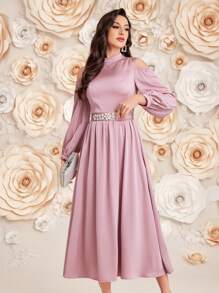 Modelyn Women's Long Sleeve Arabian Modest Dress, Elegant Evening Party Dress - Pink - View 8