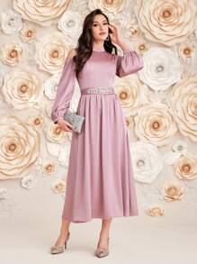 Modelyn Women's Long Sleeve Arabian Modest Dress, Elegant Evening Party Dress - Pink - View 5