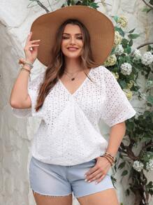 SHEIN VCAY 加大码纯色镂空刺绣裹身白色夏季度假衬衫 - 白色 - 查看 5