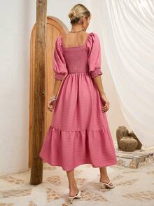 SHEIN VCAY Middle-Sleeved Puff-Sleeved Shirred Chest Dress - Pink - View 2