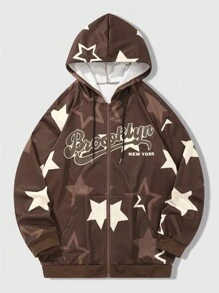 ROMWE MEN Prep Men's Hoodie With Kangaroo Pocket, Zipper Closure, Letter & Star Design - Coffee Brown - View 1