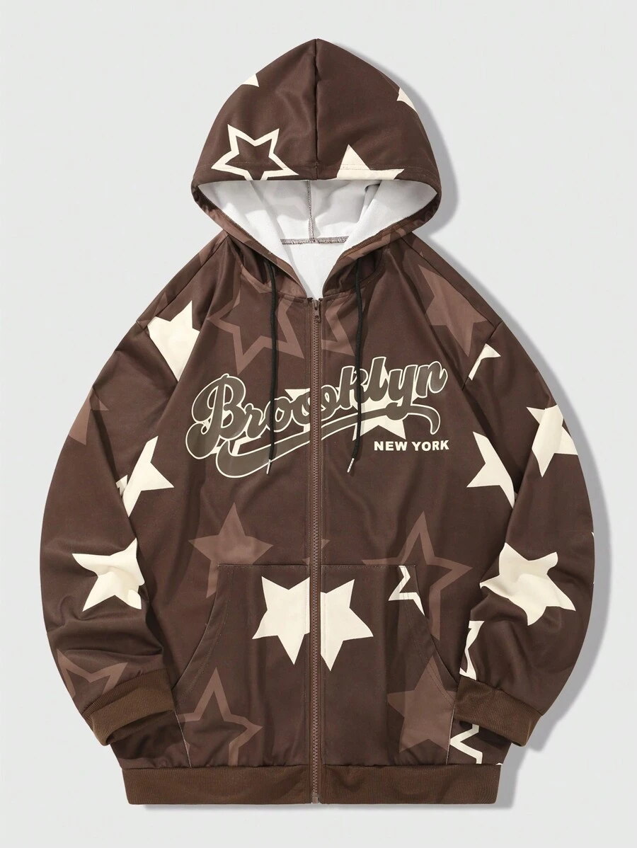 ROMWE MEN Prep Men's Hoodie With Kangaroo Pocket, Zipper Closure, Letter & Star Design - Coffee Brown - View 1