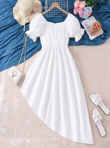 Teen Girls' Colorblock Shirred Detail Puff Sleeve Casual Asymmetrical Hem Dress - White - View 2