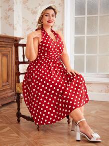 Vintamour Vintage Elegant Plus Size Polka Dot V-Neck Bow Tie Waist Ruched Flare Dress - Red - View 6