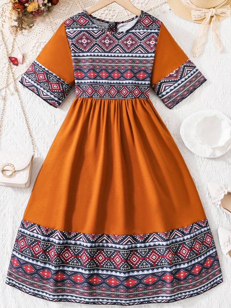 SHEIN Tween Girls' Geometric Pattern Round Neck Dress - Brown - View 1